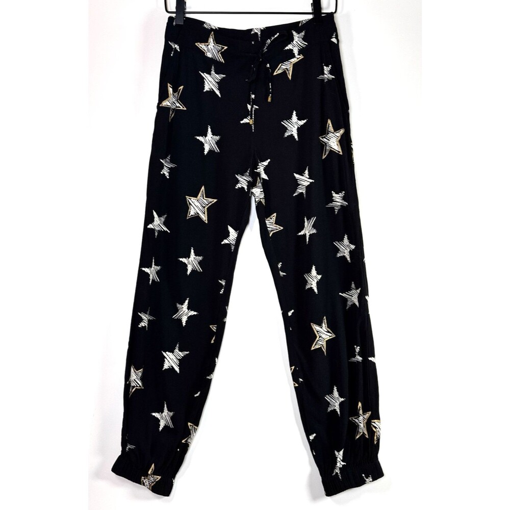 Sass and Bide Joggers Women 4 Black Gold Star Foil Print Drawstring Pant Viscose